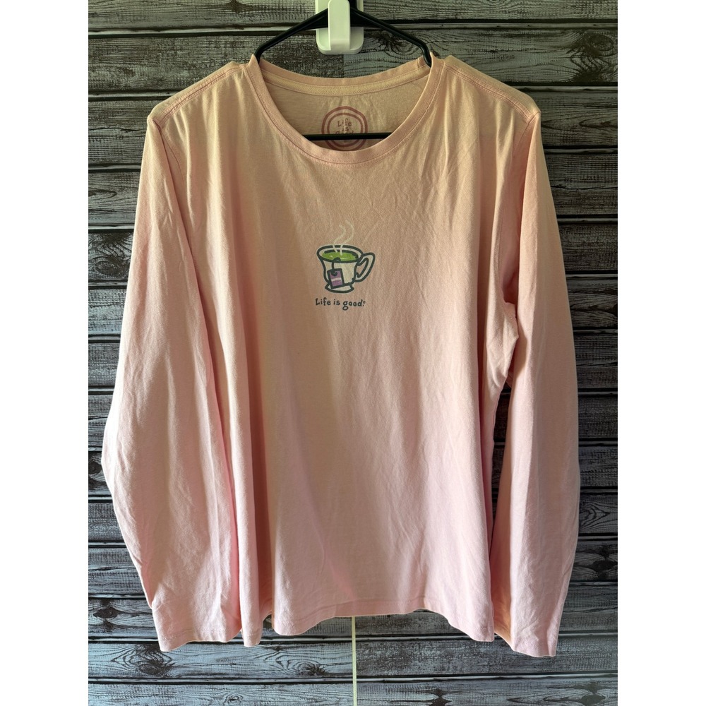 Life is Good Womens Long Sleeve Relaxed Fit Pink Tea Cup Graphic Tee Size Large